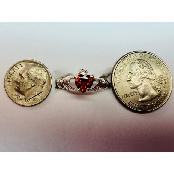 Estate Vintage Sterling Silver 925 Claddagh Ring Ruby Heart Size 8, 2.6g - Picture 9 of 11